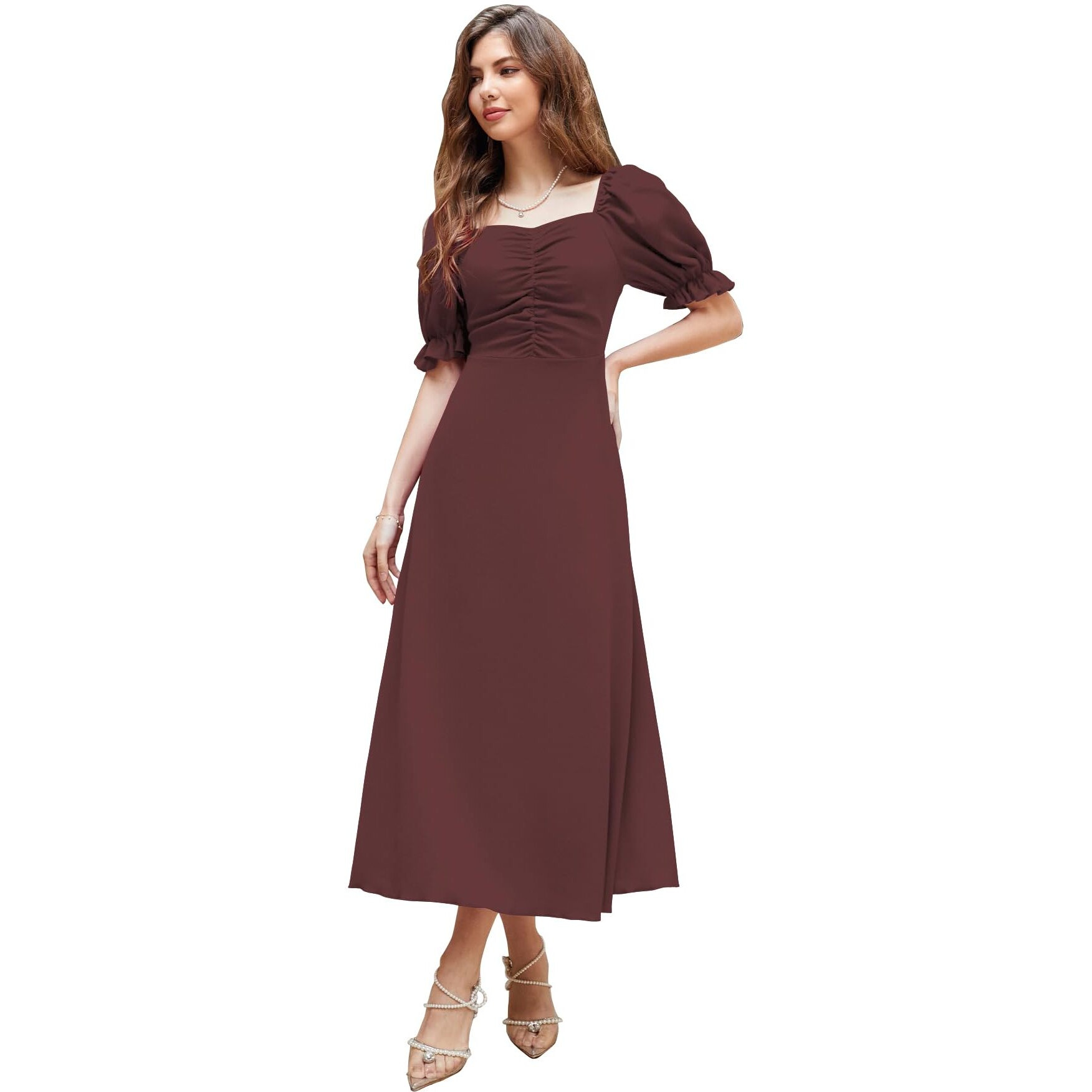 Shasmi Girl's & Women's Solid Brown A-Line Ruched Puff Sleeve Maxi Long Evening One Piece Long Dress For Women Stylish (Dress 131 Brown-L)