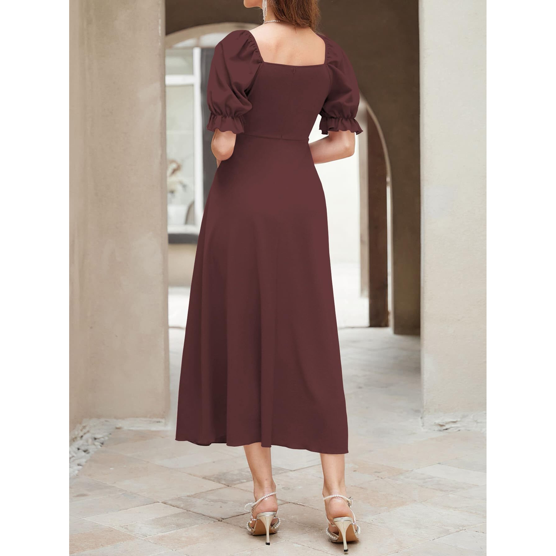 Shasmi Girl's & Women's Solid Brown A-Line Ruched Puff Sleeve Maxi Long Evening One Piece Long Dress For Women Stylish (Dress 131 Brown-L)