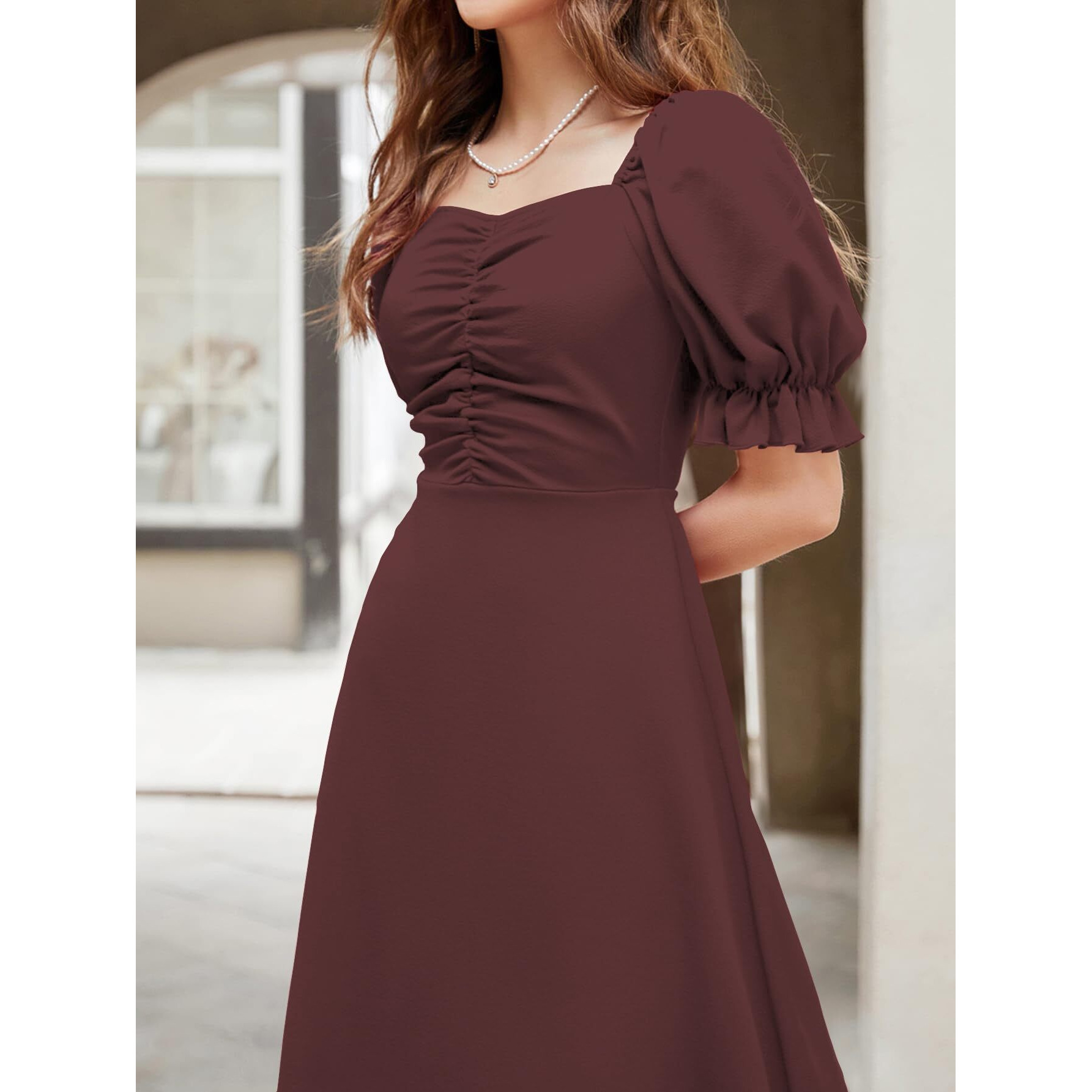 Shasmi Girl's & Women's Solid Brown A-Line Ruched Puff Sleeve Maxi Long Evening One Piece Long Dress For Women Stylish (Dress 131 Brown-L)