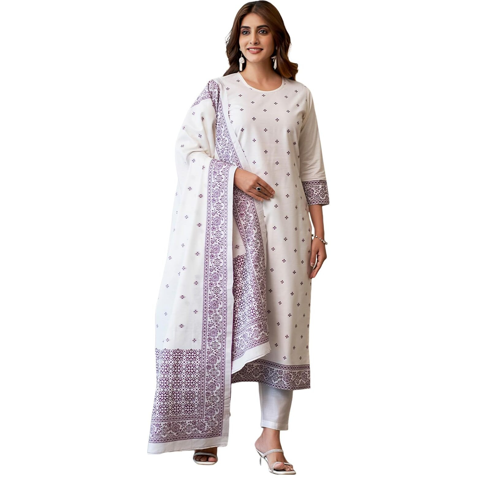Sanisa Women's Cotton Jacquard Work Straight Kurta With Pant And Dupatta Set (212Kbd2242N-Xl_Off White & Dark Magenta)