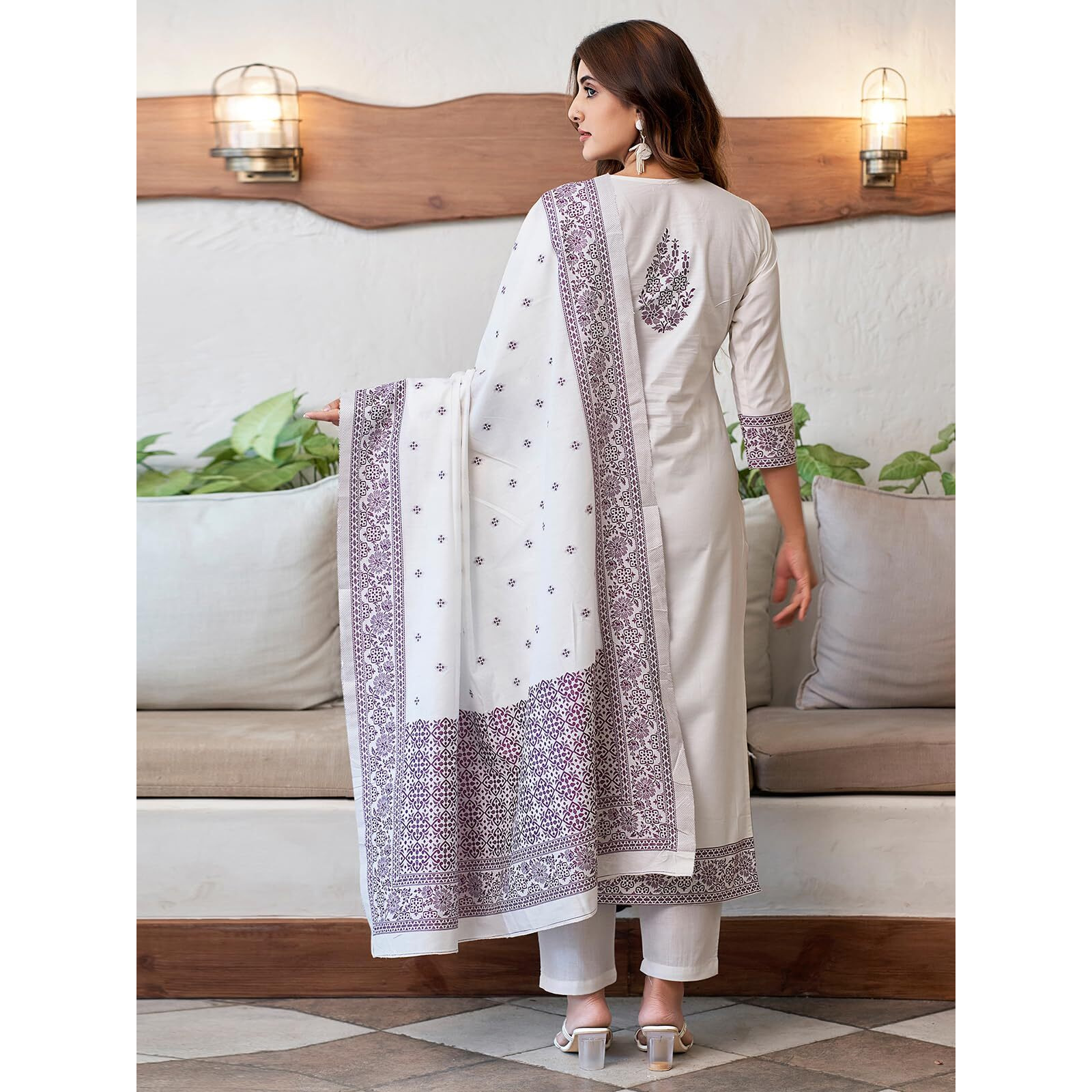 Sanisa Women's Cotton Jacquard Work Straight Kurta With Pant And Dupatta Set (212Kbd2242N-Xl_Off White & Dark Magenta)