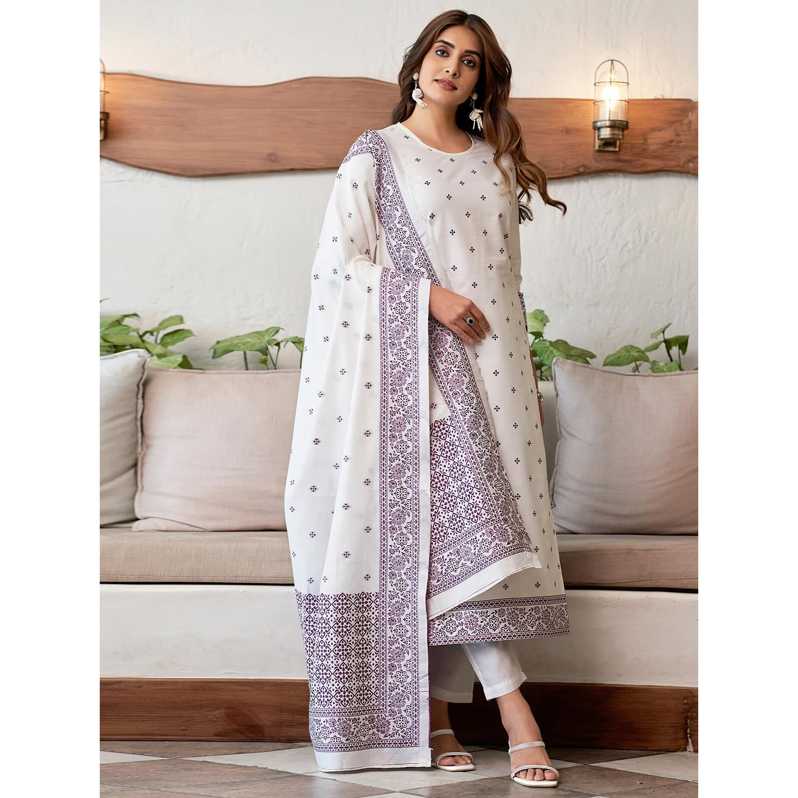 Sanisa Women's Cotton Jacquard Work Straight Kurta With Pant And Dupatta Set (212Kbd2242N-Xl_Off White & Dark Magenta)