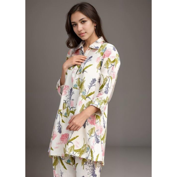 Smowkly Women's Printed Rayon Slub Mid Thighs Short Kurti With Relaxed Fit Pant Sylish Co-Ords Set || Trendy 3/4 Sleeve Kurta & Palazzo Cord Pair (White-X Large)