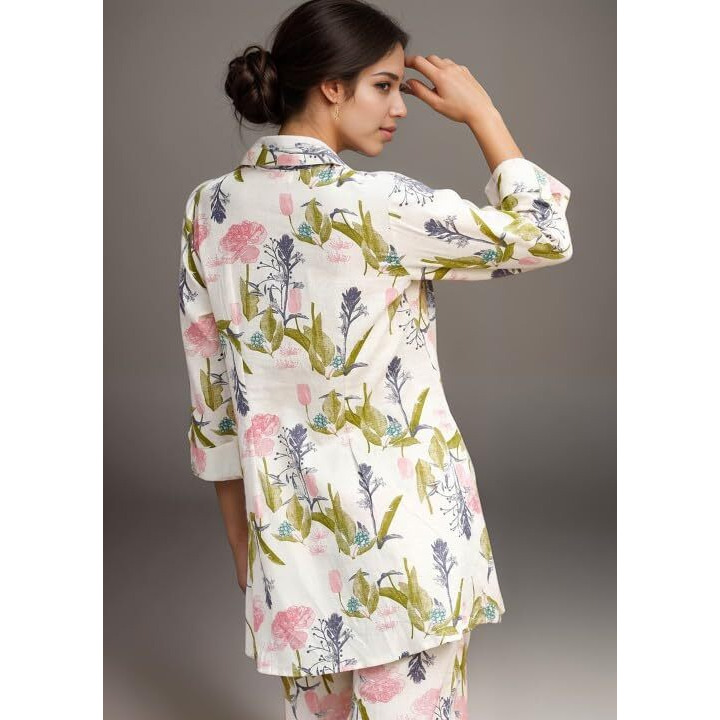 Smowkly Women's Printed Rayon Slub Mid Thighs Short Kurti With Relaxed Fit Pant Sylish Co-Ords Set || Trendy 3/4 Sleeve Kurta & Palazzo Cord Pair (White-X Large)