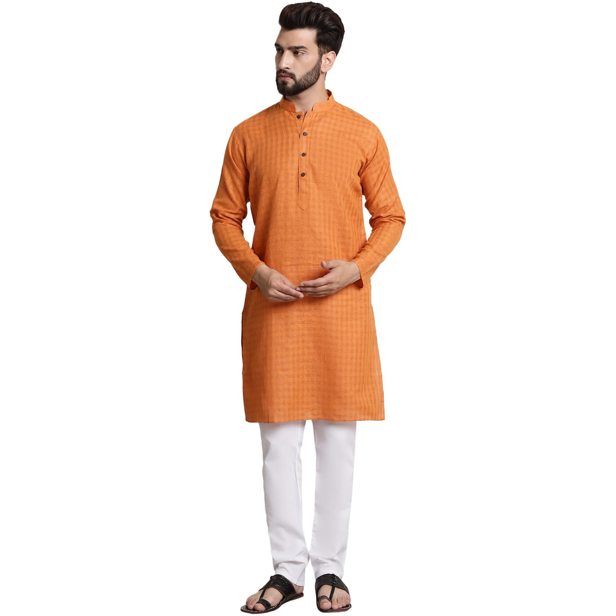 Sojanya (Since 1958 Men's Cotton Blend Orange Checked Kurta And White Churidar Pyjama Set
