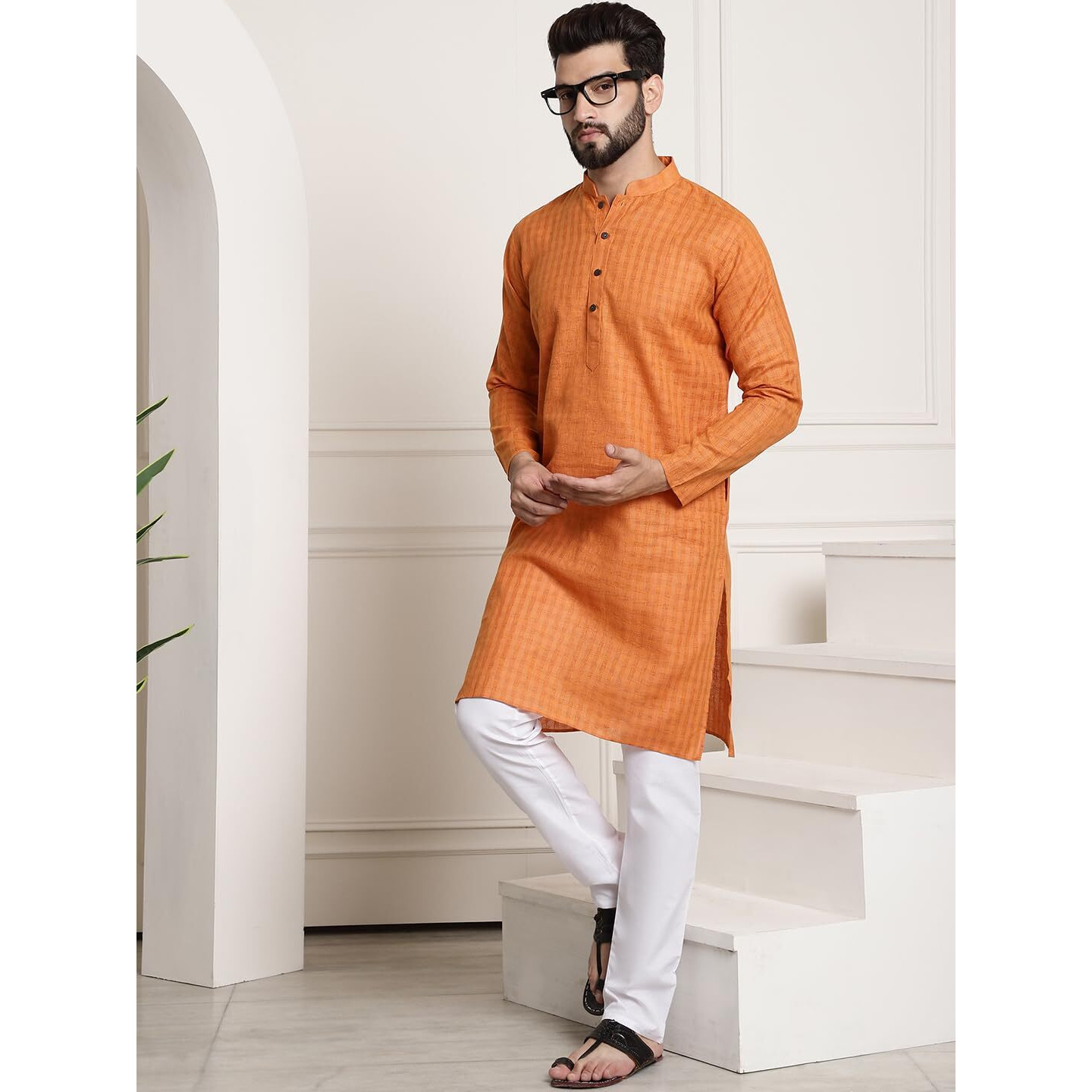 Sojanya (Since 1958 Men's Cotton Blend Orange Checked Kurta And White Churidar Pyjama Set