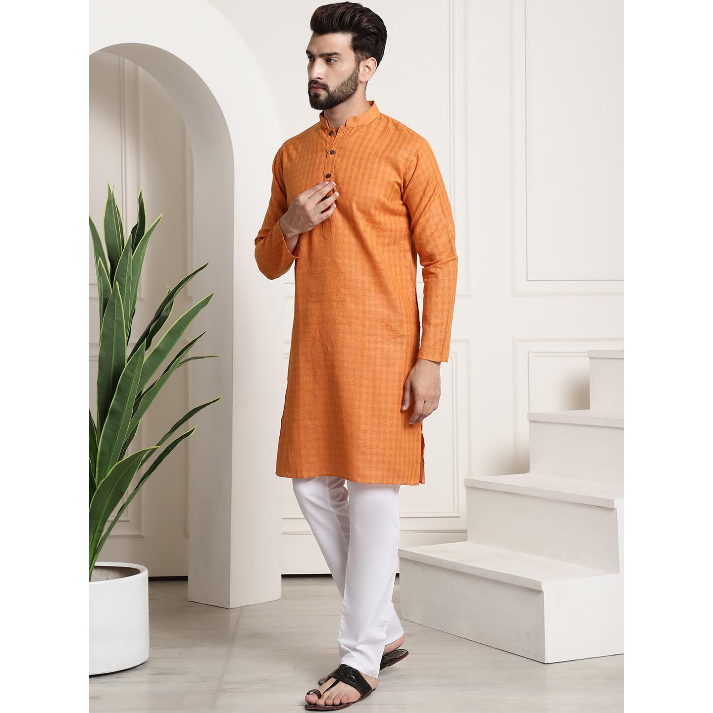 Sojanya (Since 1958 Men's Cotton Blend Orange Checked Kurta And White Churidar Pyjama Set