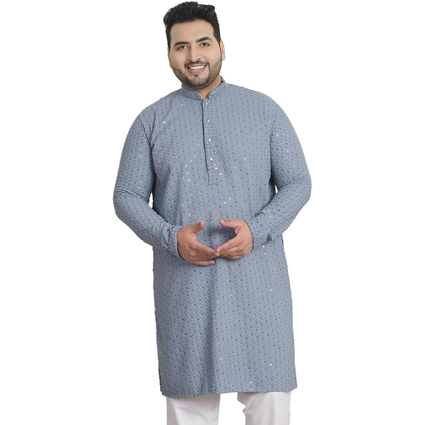 Sojanya Plus (Since 1958) Men's Cotton Sequinned Embroidered Grey Long Kurta