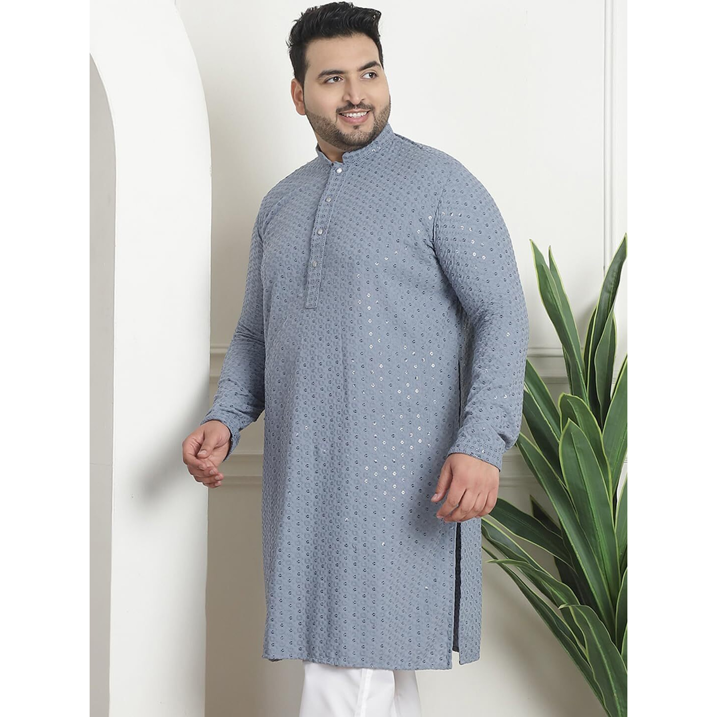 Sojanya Plus (Since 1958) Men's Cotton Sequinned Embroidered Grey Long Kurta