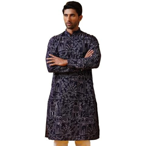 Sojanya (Since 1958 Men's Cotton Silk Kantha Thread Embroidered Violet Long Kurta
