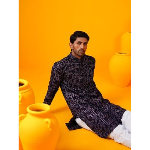 Sojanya (Since 1958 Men's Cotton Silk Kantha Thread Embroidered Violet Long Kurta