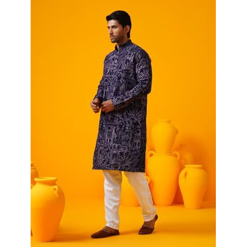 Sojanya (Since 1958 Men's Cotton Silk Kantha Thread Embroidered Violet Long Kurta