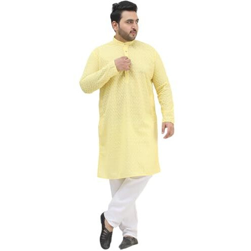 Sojanya Plus (Since 1958) Men's 100% Cotton Yellow Chikankari Kurta & White Pyjama