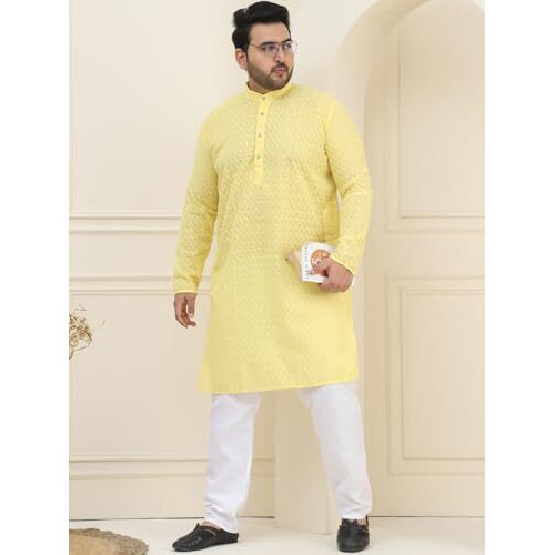 Sojanya Plus (Since 1958) Men's 100% Cotton Yellow Chikankari Kurta & White Pyjama