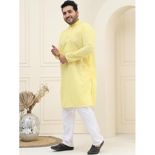 Sojanya Plus (Since 1958) Men's 100% Cotton Yellow Chikankari Kurta & White Pyjama