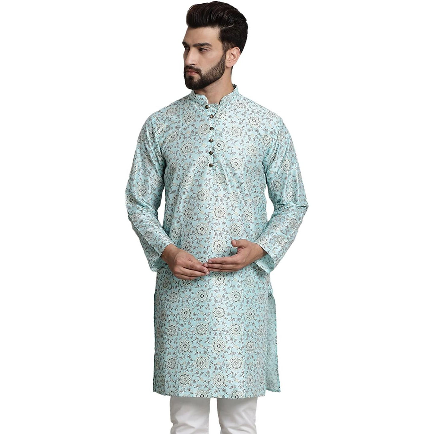 Sojanya (Since 1958 Men's Silk Blend Sea Green Color Print Design Only Long Kurta