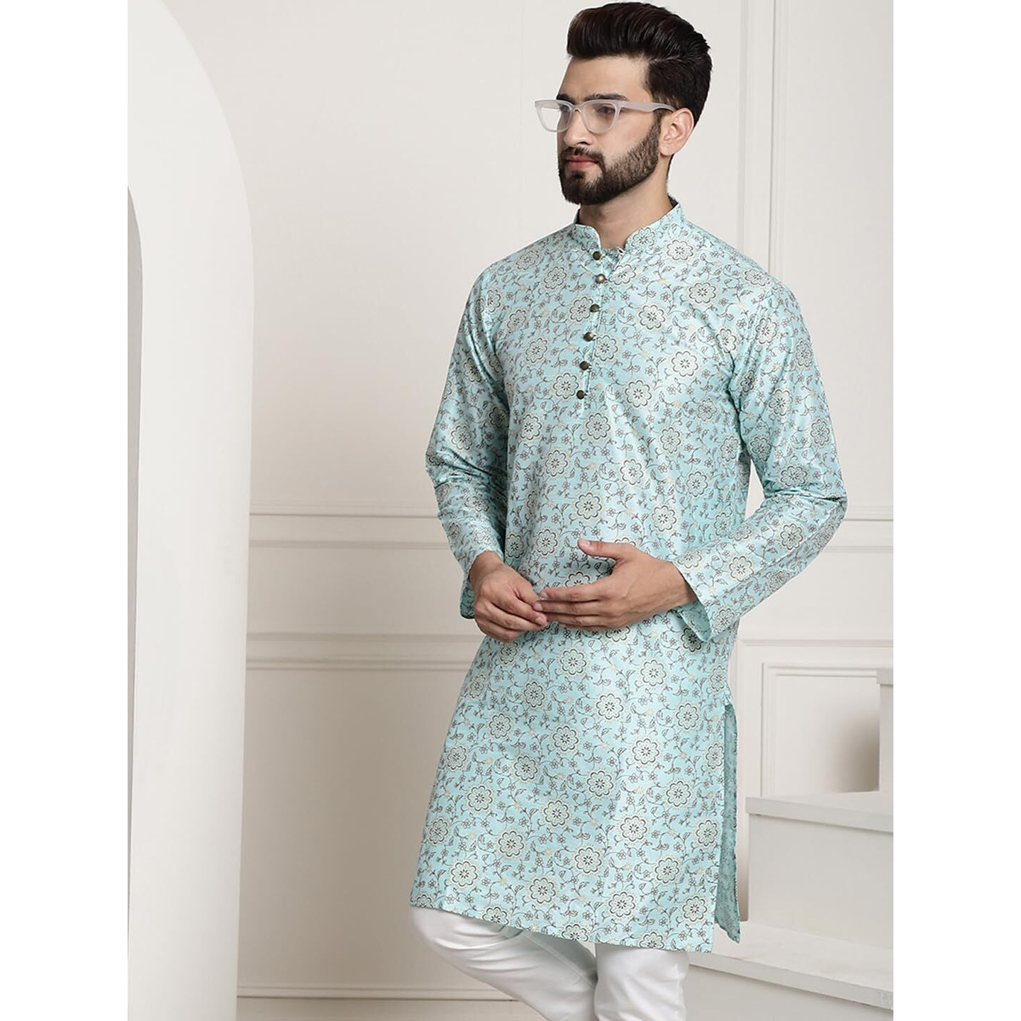 Sojanya (Since 1958 Men's Silk Blend Sea Green Color Print Design Only Long Kurta