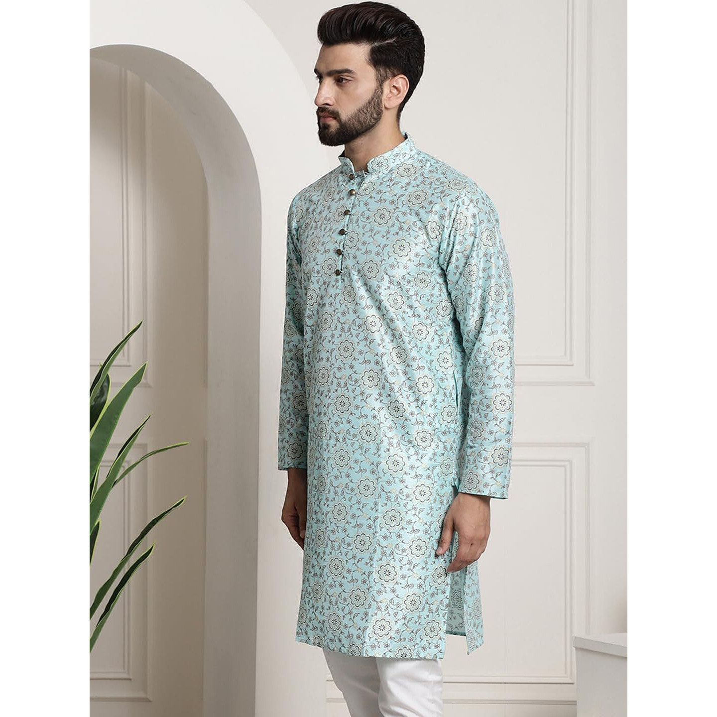 Sojanya (Since 1958 Men's Silk Blend Sea Green Color Print Design Only Long Kurta