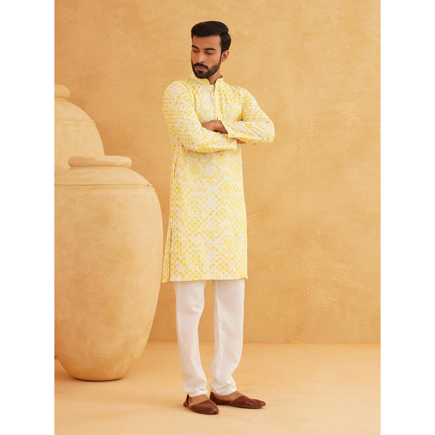 Sojanya (Since 1958 Men's Cotton Gold Sequinned Embroidered White & Yellow Long Kurta Size 44