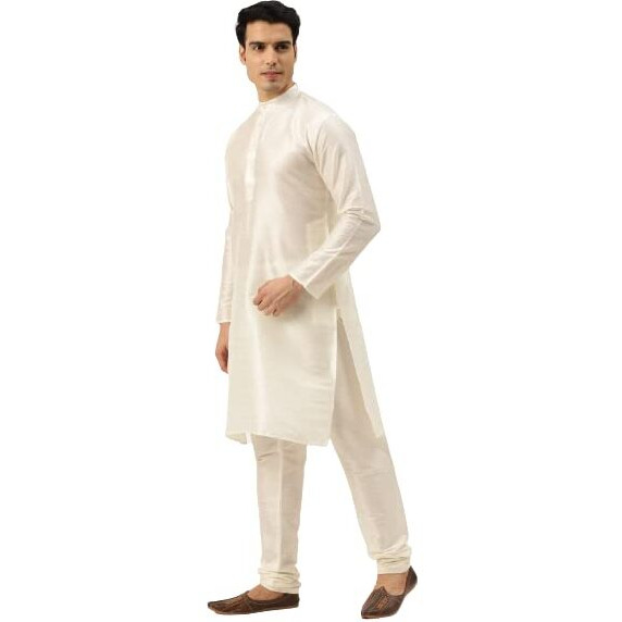 Sojanya (Since 1958 Men's Silk Blend Off White Kurta Pyjama & Maroon Self Design Nehru Jacket Combo