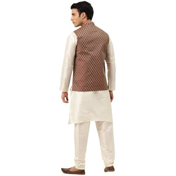 Sojanya (Since 1958 Men's Silk Blend Off White Kurta Pyjama & Maroon Self Design Nehru Jacket Combo