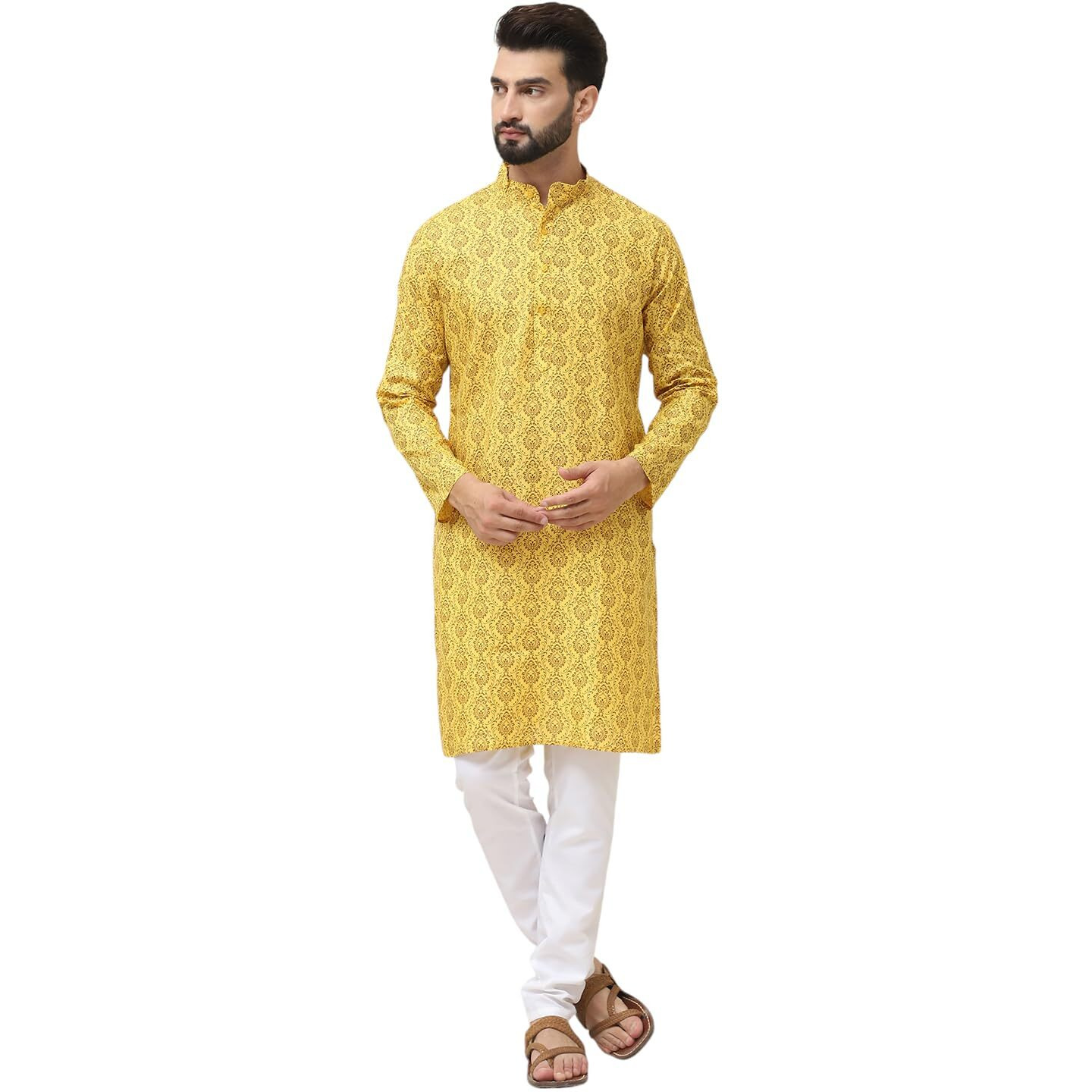 Sojanya (Since 1958 Men's Cotton Blend Mustard Printed Kurta And White Churidar Pyjama Set