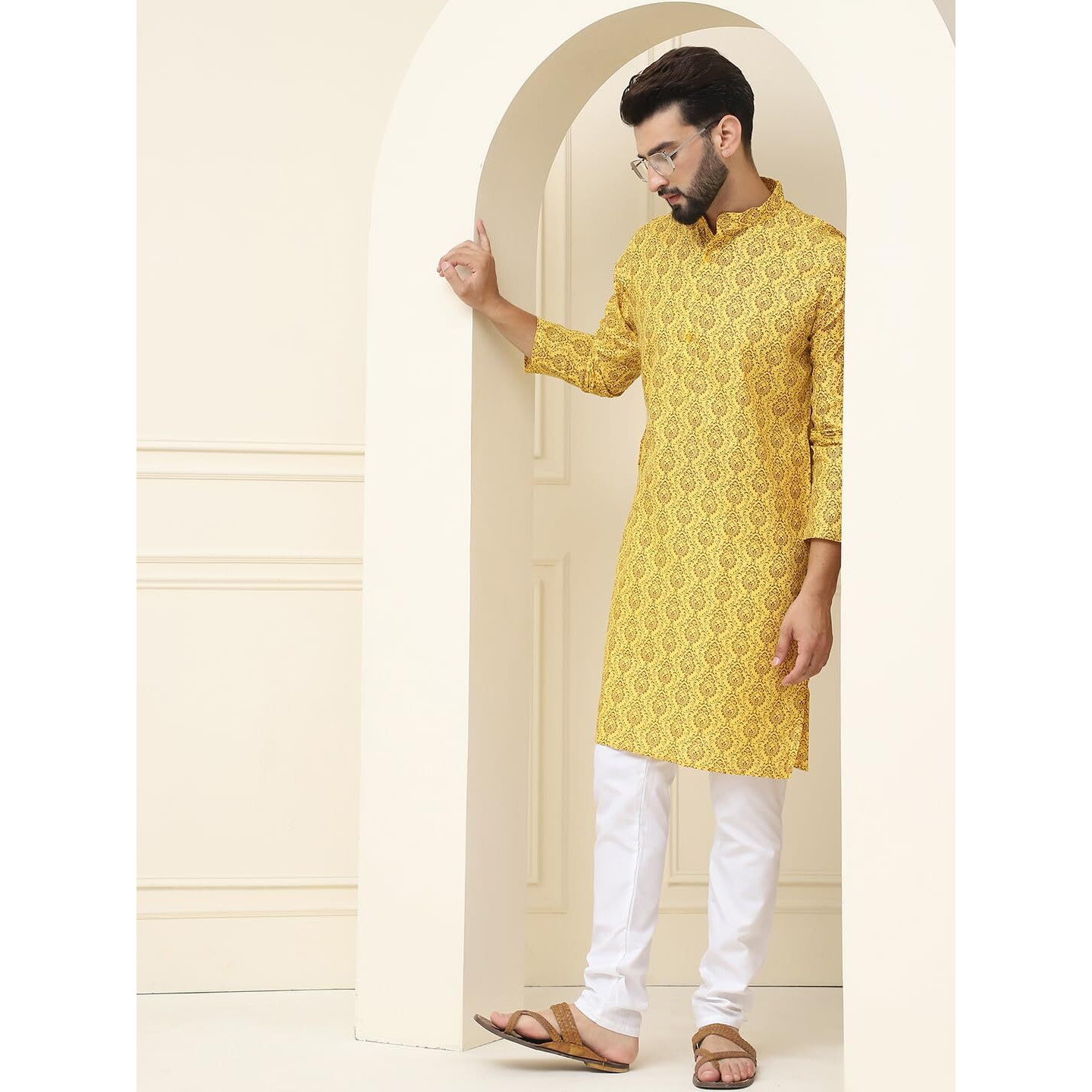 Sojanya (Since 1958 Men's Cotton Blend Mustard Printed Kurta And White Churidar Pyjama Set