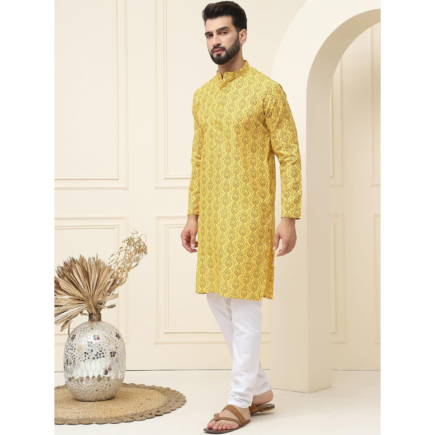 Sojanya (Since 1958 Men's Cotton Blend Mustard Printed Kurta And White Churidar Pyjama Set