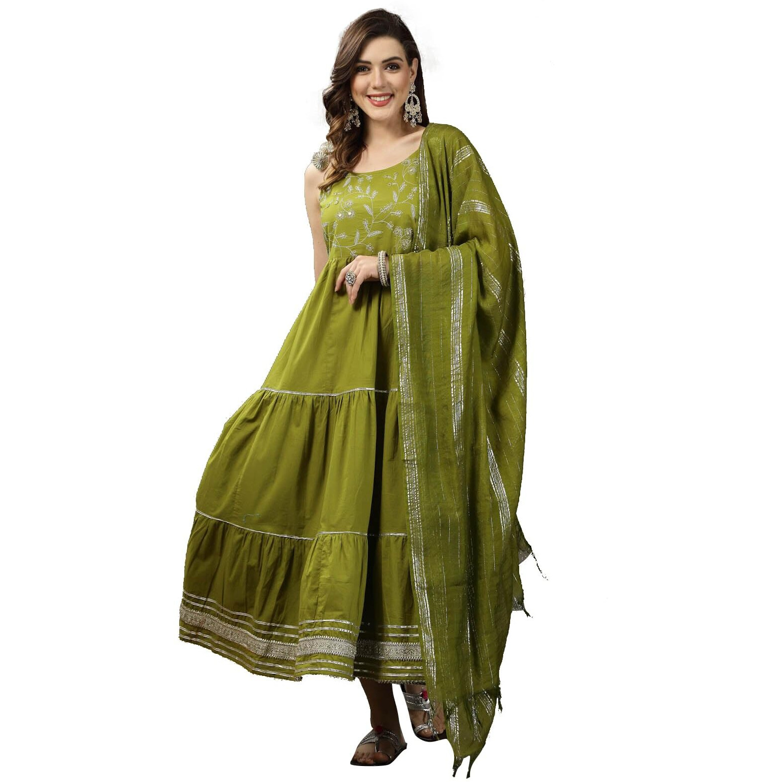 Stylum Women's Embroidered Cotton Tiered Kurta With Dupatta (Greenzingle40_Green, L)
