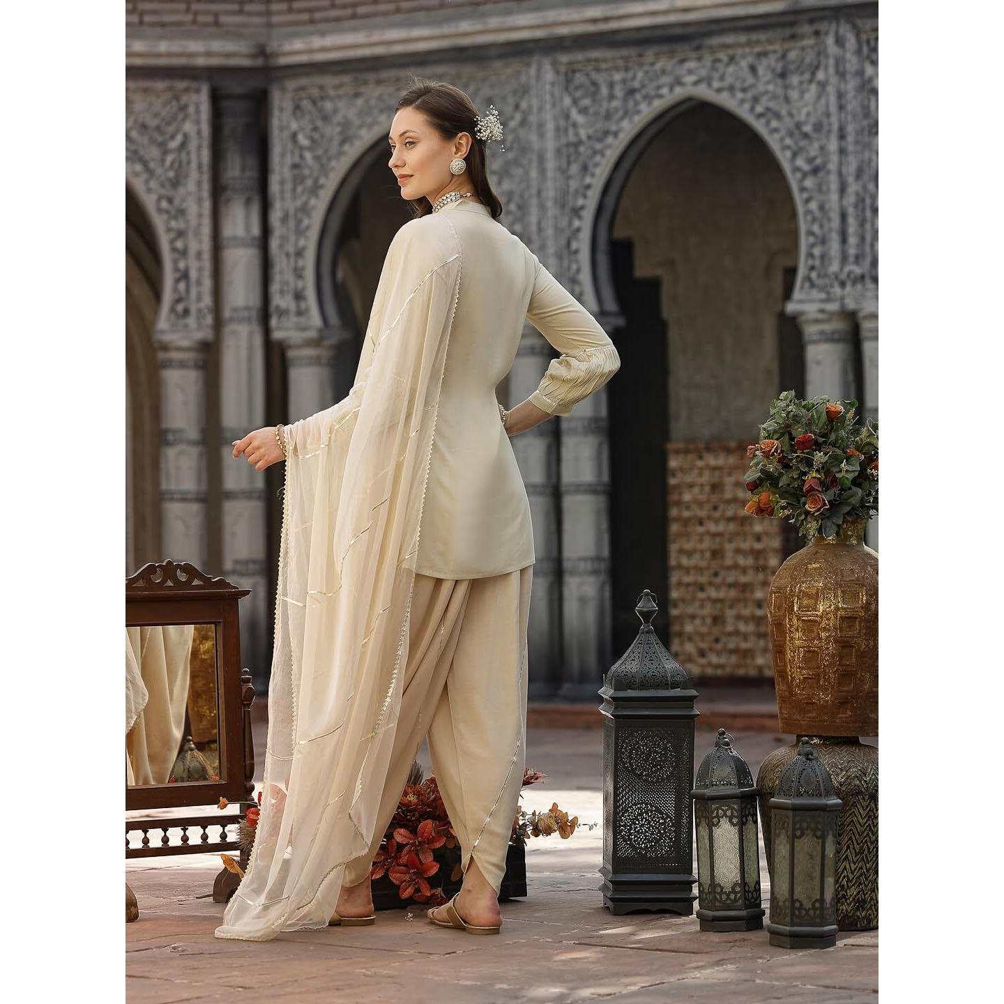 Stylum Women's Embroidered & Embellished Rayon Pleated Kurti With Dhoti Pant & Dupatta (Kpdcreamcrush40_Cream, L)
