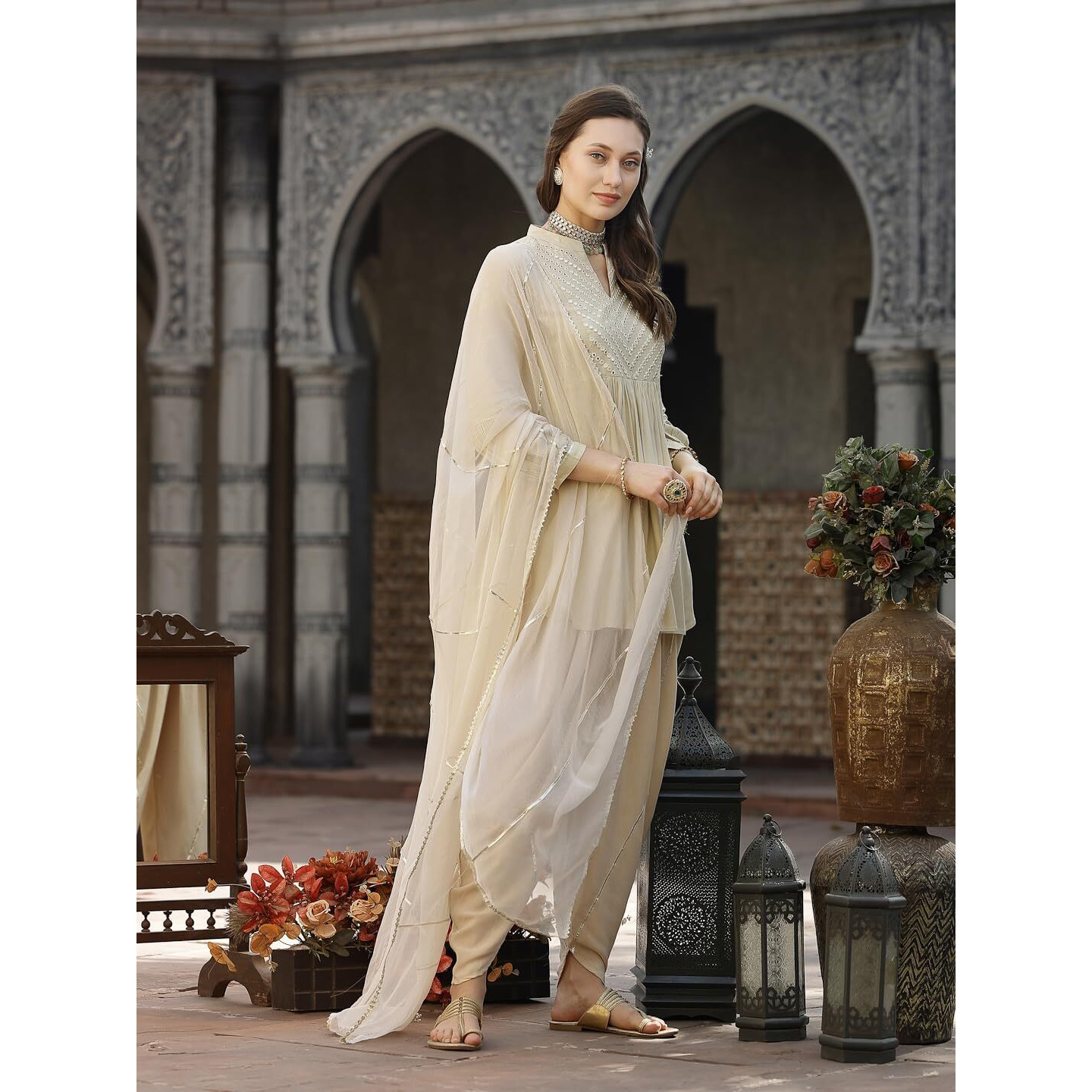 Stylum Women's Embroidered & Embellished Rayon Pleated Kurti With Dhoti Pant & Dupatta (Kpdcreamcrush40_Cream, L)