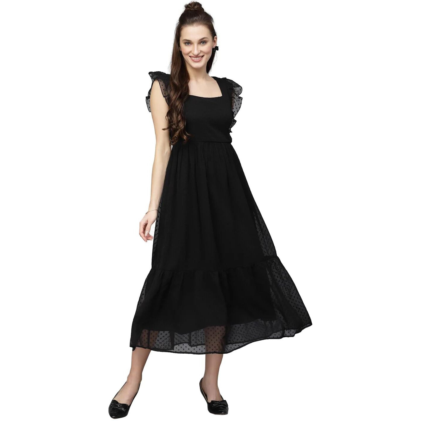 Sugathari Georgette Jacquard Butti Black Square Neck Knee Length Western Dresses For Women (Dress2 89 Black L)