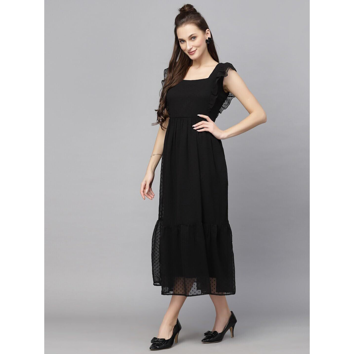 Sugathari Georgette Jacquard Butti Black Square Neck Knee Length Western Dresses For Women (Dress2 89 Black L)