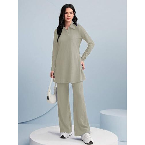 Tadkee Women's Polyester Solid Color Two-Piece Set | Long Sleeve Top & Wide Leg Pants Co-Ord Set | Casual Wear Co Ord Set (Fn-Full-Sleeve-Cord-125-Cream-Xl)