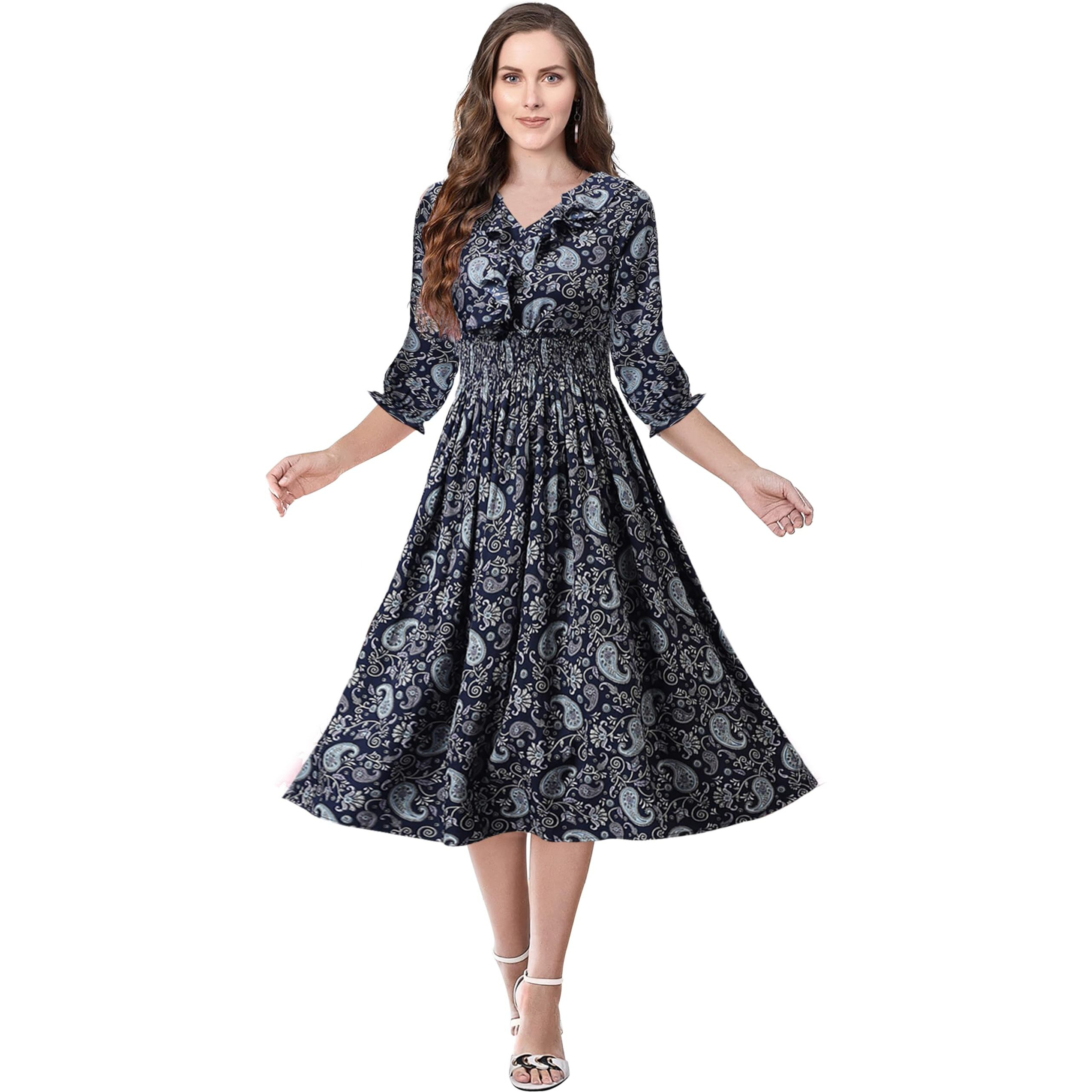 Toochki Women's Navy Blue Rayon Paisley Print Fit & Flared Western Dress | A-Line Midi | Winter | Latest | Trendy