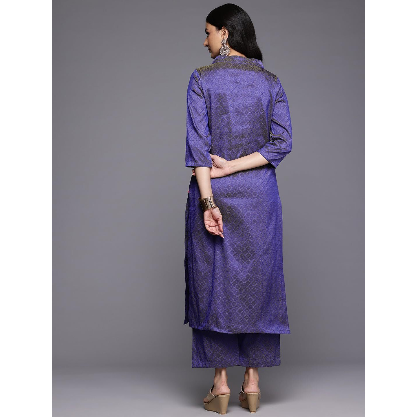 Varanga Women's Blue Jacquard V Neck Kurta With Bottom And Dupatta