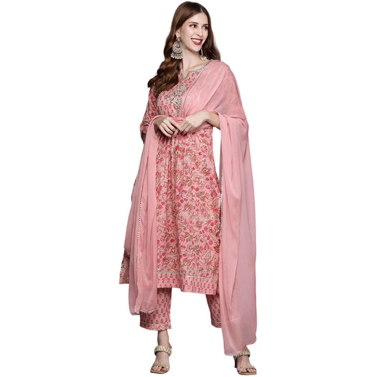 Varanga Women Floral Printed Embroidered Kurta With Straight Pant And Chiffon Dupatta