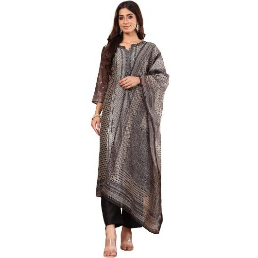 Varanga Women Chanderi Silk Geometric Printed Kurta Paired With Bottom And Dupatta