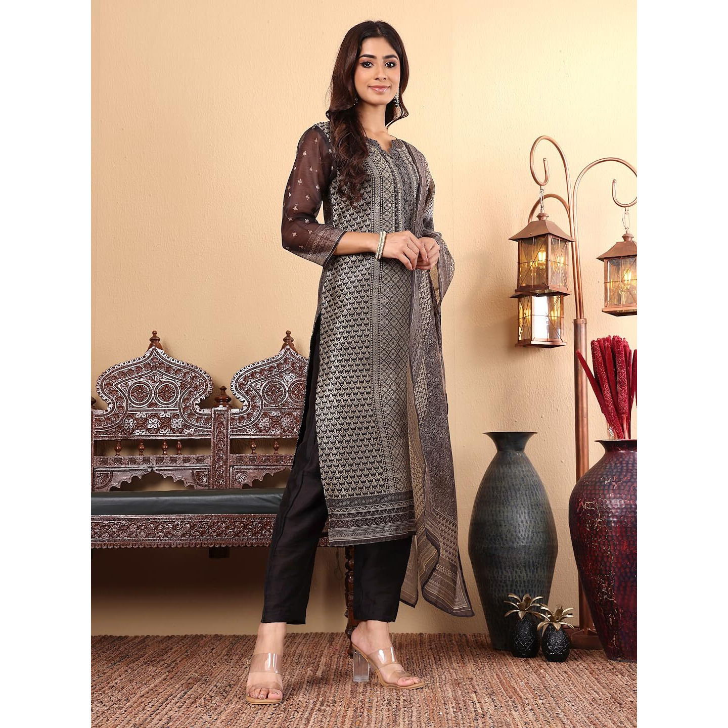 Varanga Women Chanderi Silk Geometric Printed Kurta Paired With Bottom And Dupatta
