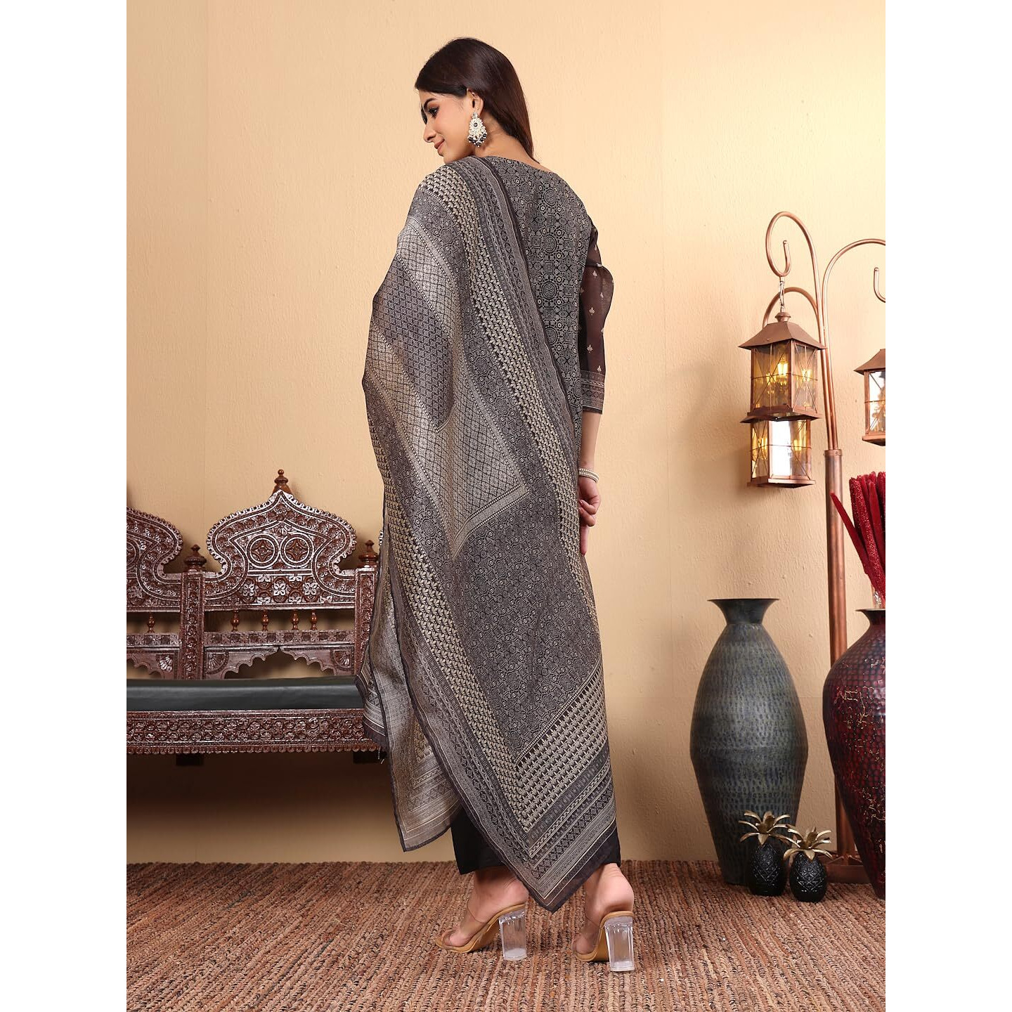 Varanga Women Chanderi Silk Geometric Printed Kurta Paired With Bottom And Dupatta