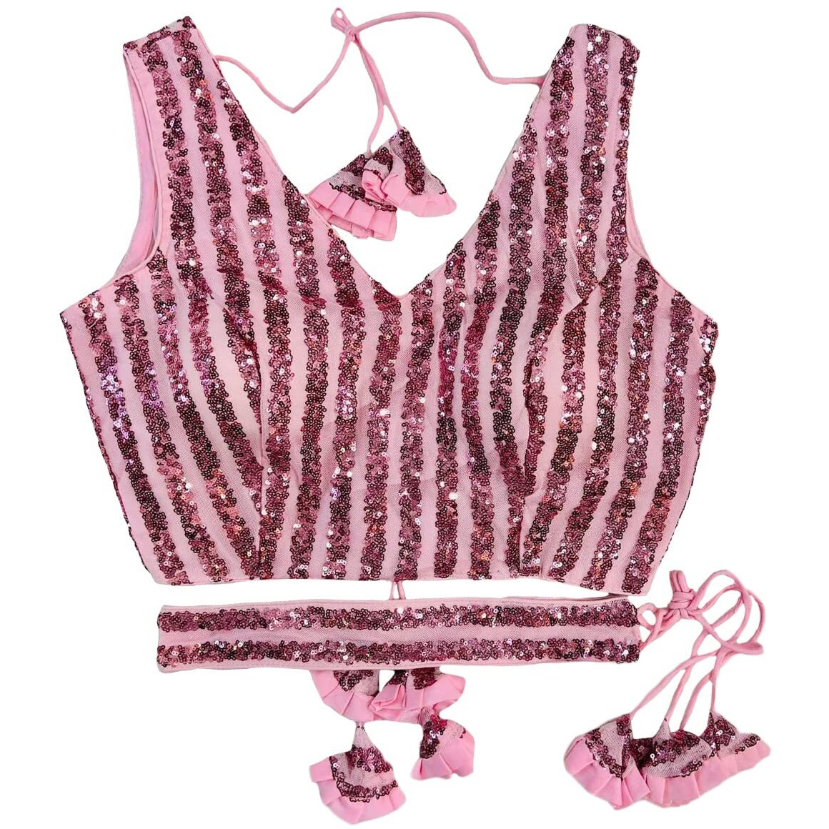 Vihu Fashion Women's Emblished Sequins Sleeveless Fancy Baby Pink Blouse With Belt (Belt Sequins Baby Pink_38)