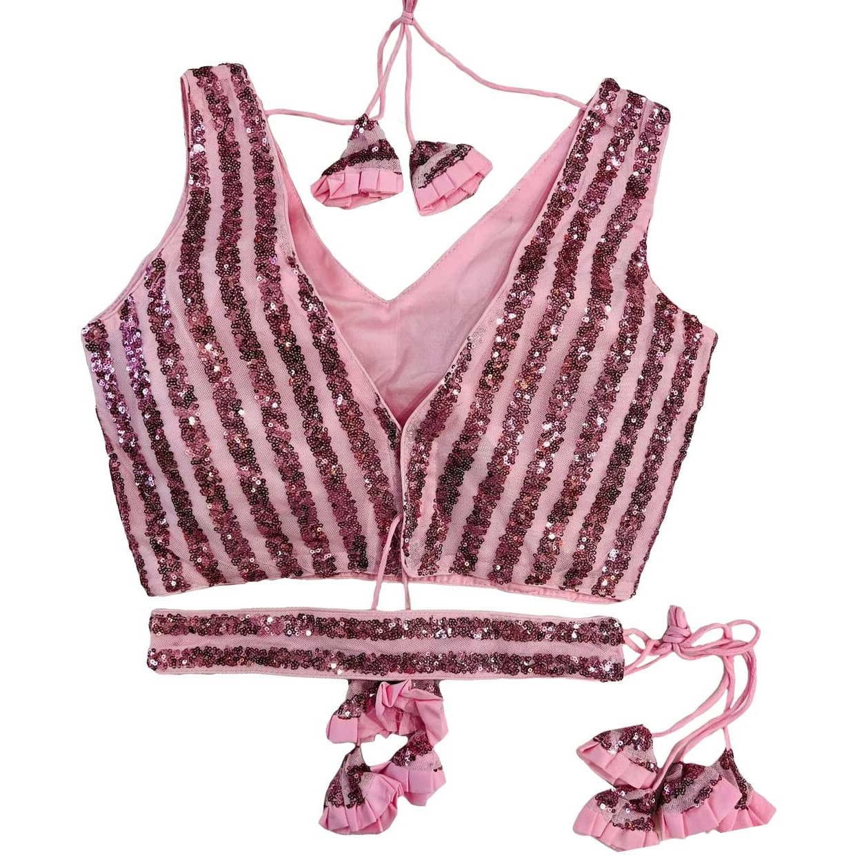 Vihu Fashion Women's Emblished Sequins Sleeveless Fancy Baby Pink Blouse With Belt (Belt Sequins Baby Pink_38)