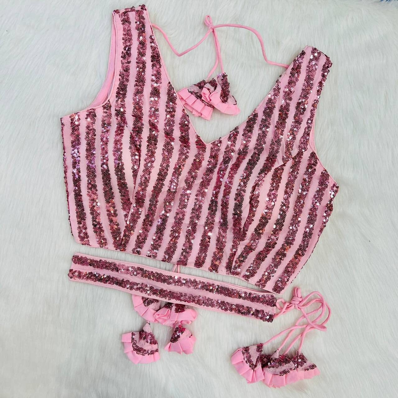 Vihu Fashion Women's Emblished Sequins Sleeveless Fancy Baby Pink Blouse With Belt (Belt Sequins Baby Pink_38)