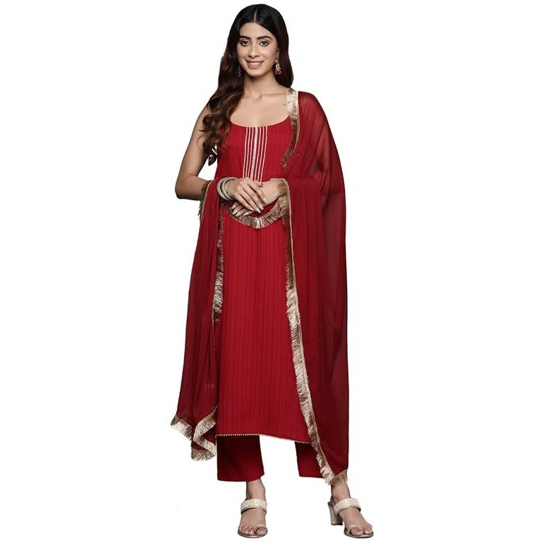 Varanga Women Maroon Round Neck, Spaghetti Strap Style Straight Kurta Paired With Tonal Bottom And Dupatta  Stylish & Comfortable Ethnic Wear For Women, Perfect For Casual & Festive Occasions
