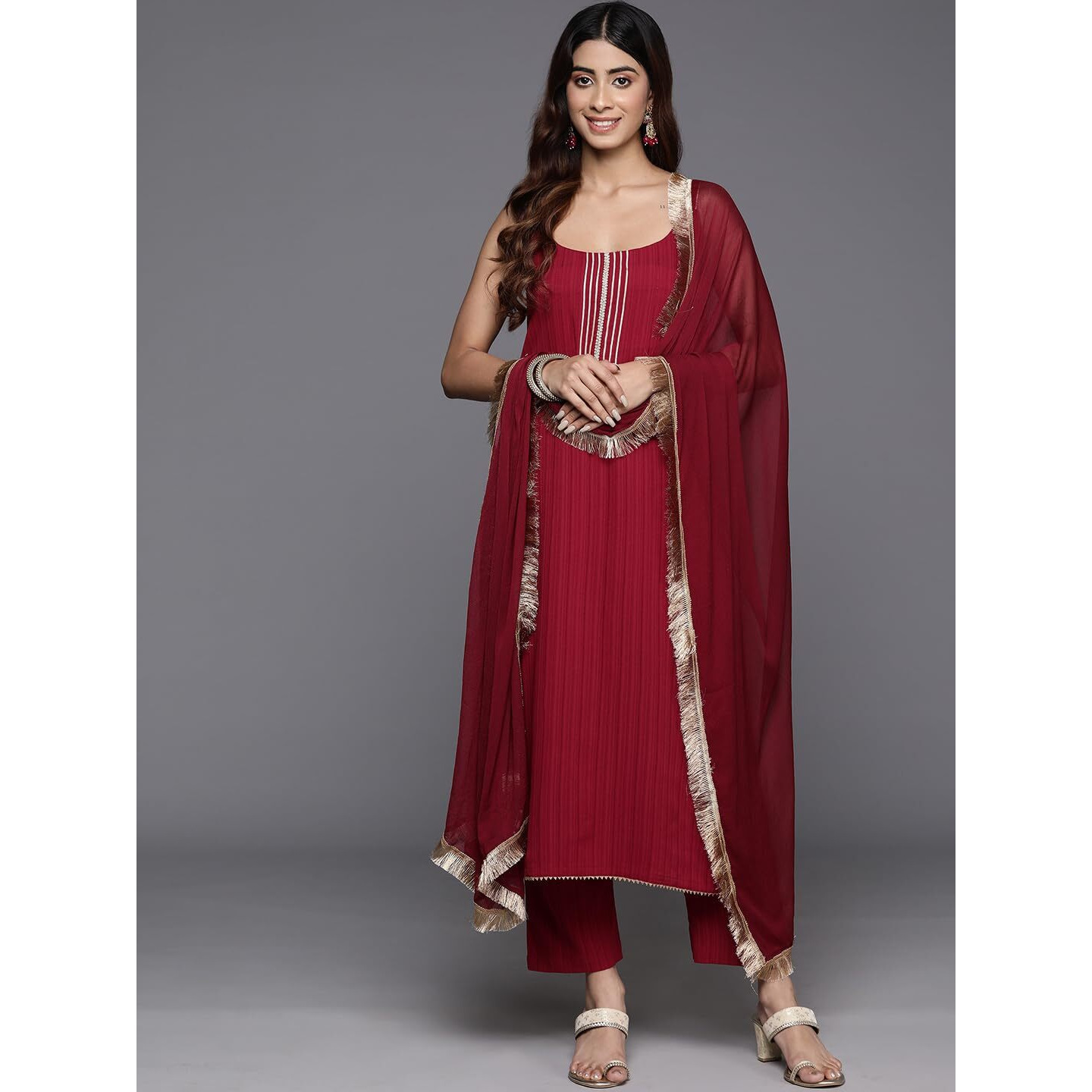 Varanga Women Maroon Round Neck, Spaghetti Strap Style Straight Kurta Paired With Tonal Bottom And Dupatta  Stylish & Comfortable Ethnic Wear For Women, Perfect For Casual & Festive Occasions