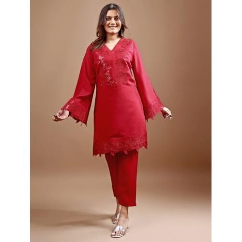 Womanista Women's Silk Blend Solid Regular Set (Co-Ords_9062_Red_2Xl)