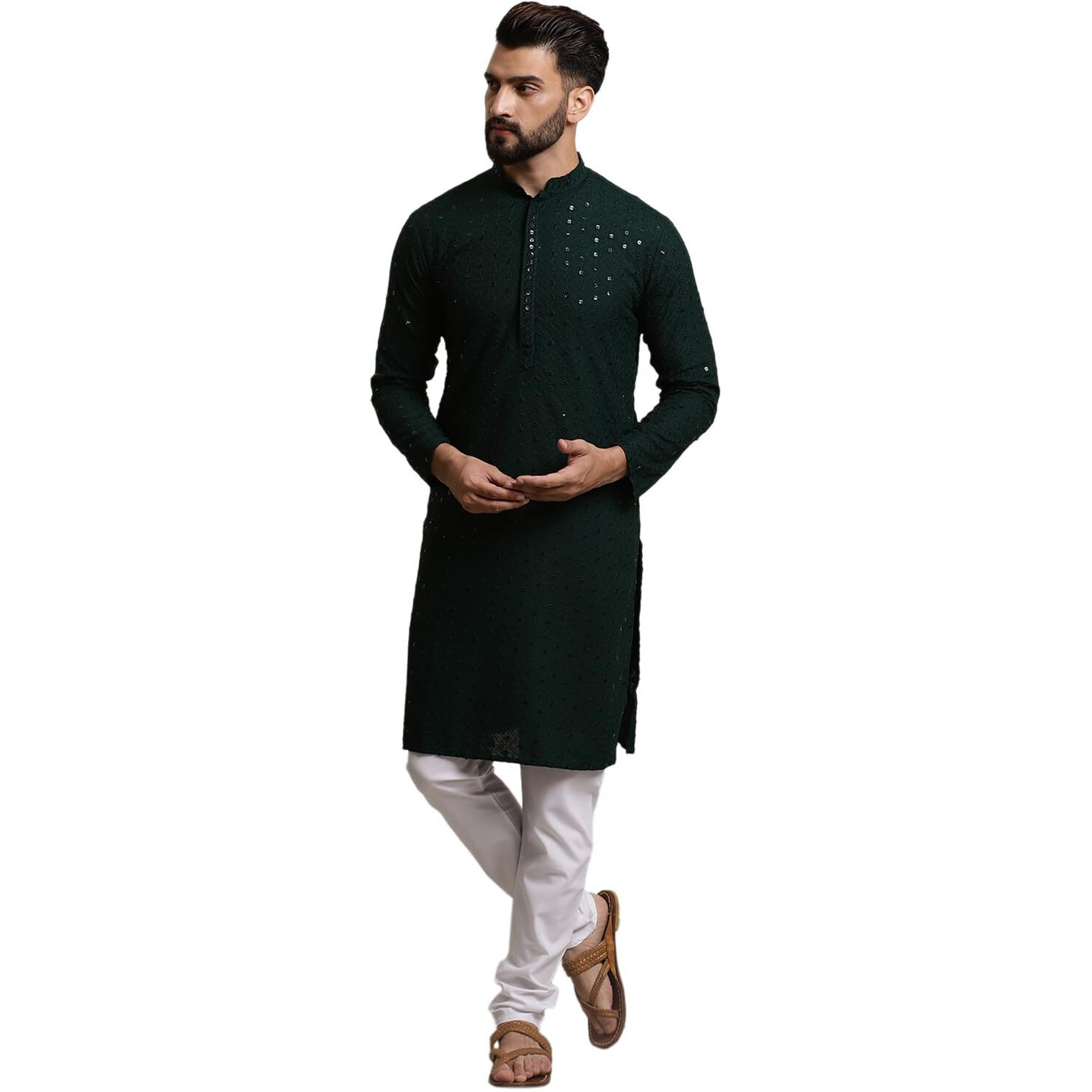 Sojanya (Since 1958 Men's Pure Cotton Dark Green Sequence Kurta & White Pyjama Set