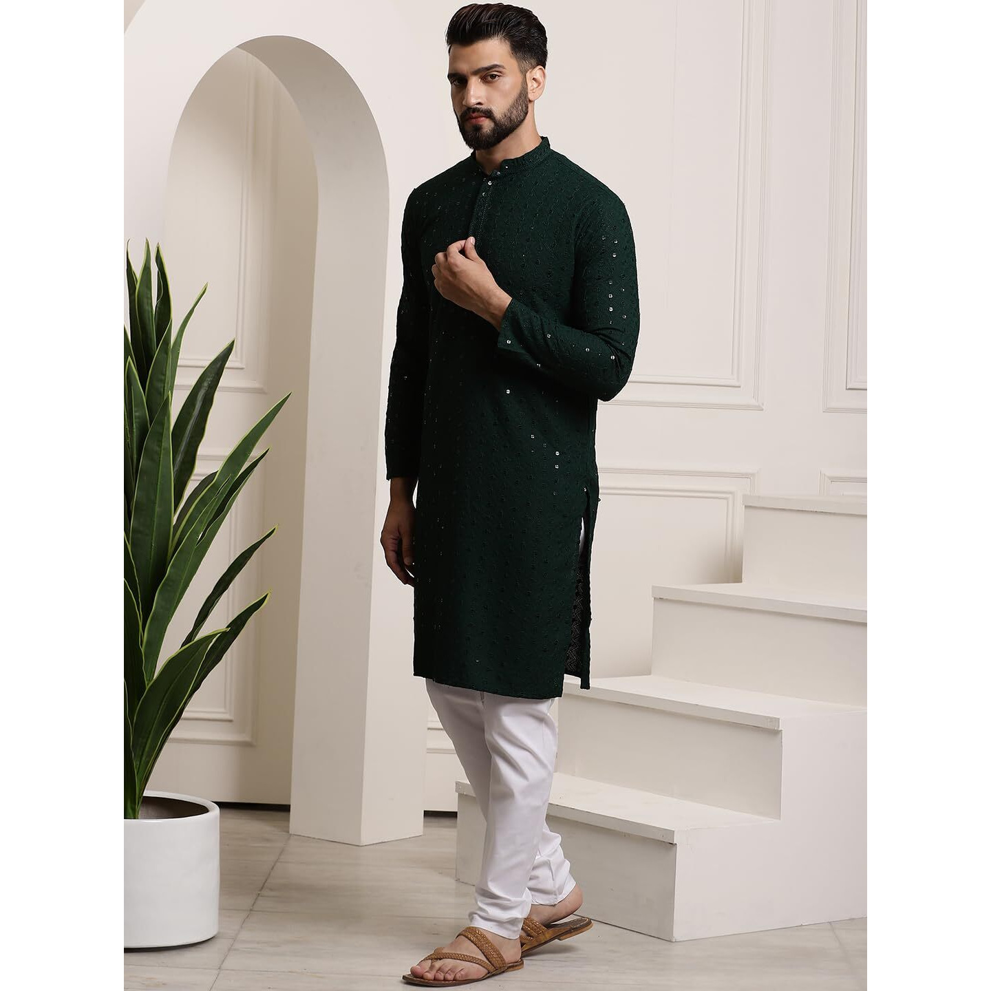 Sojanya (Since 1958 Men's Pure Cotton Dark Green Sequence Kurta & White Pyjama Set