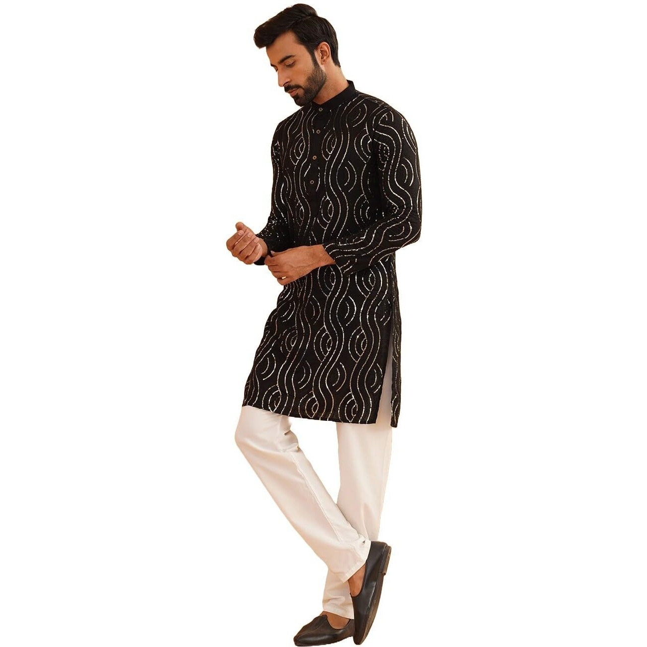 Sojanya (Since 1958 Men's Pure Cotton Black Designer Kurta And White Churidar Pyjama Set
