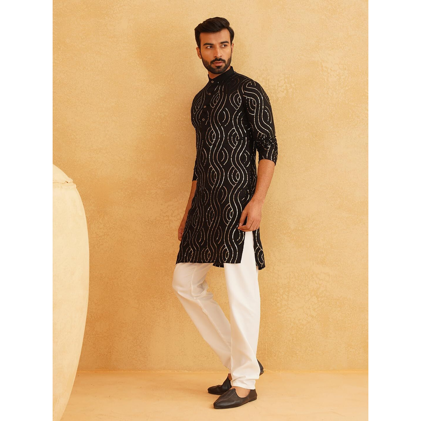 Sojanya (Since 1958 Men's Pure Cotton Black Designer Kurta And White Churidar Pyjama Set